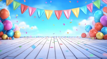 Colorful festive outdoor party with balloons. Joyful celebration, cheerful event, fun and festive atmosphere. Bright sky, confetti, and decorative flags, perfect for summer gathering or birthday