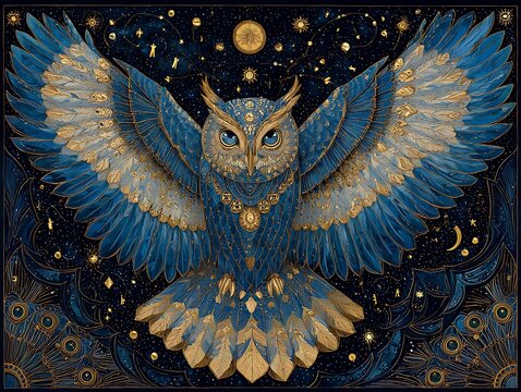 Majestic Blue Owl with Stars and Celestial Design