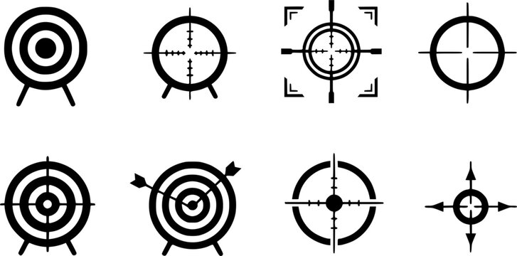 Target and aim icon set, crosshair, bullseye vector, precision, accuracy, and focus icon for aiming, archery, shooting, or navigation
