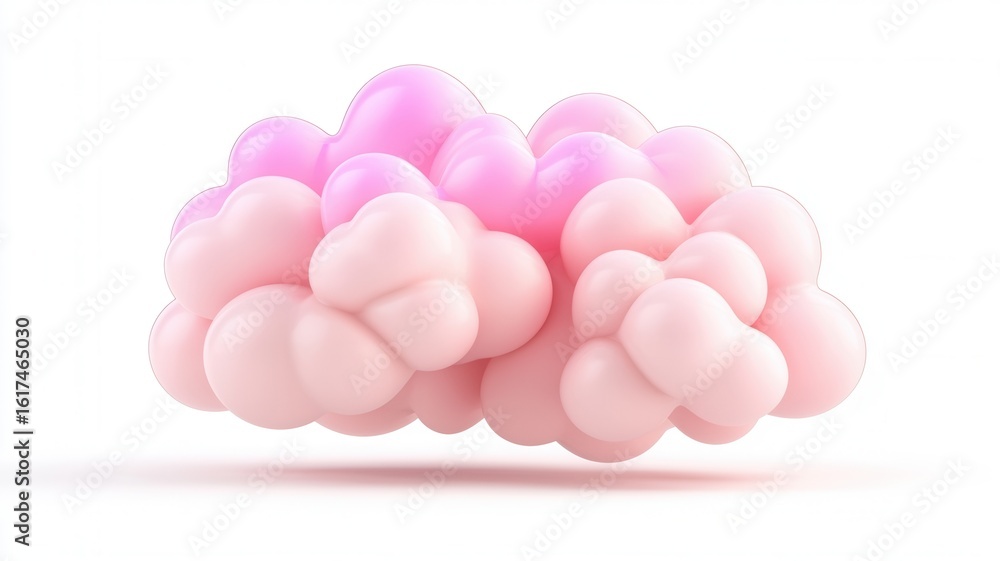 Poster pink fluffy cloud levitating against pristine white backdrop, rendering soft geometric forms suggest