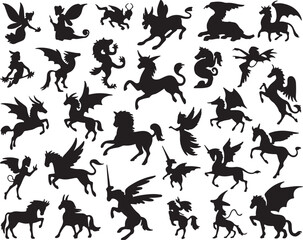 Mythical creatures winged horses dragons unicorns silhouette
