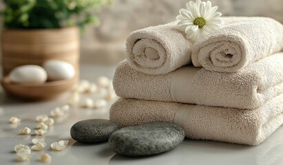 Serene spa setup with stacked beige towels, gray stones, and scattered daisy flowers arranged for relaxation and beauty treatment concepts
