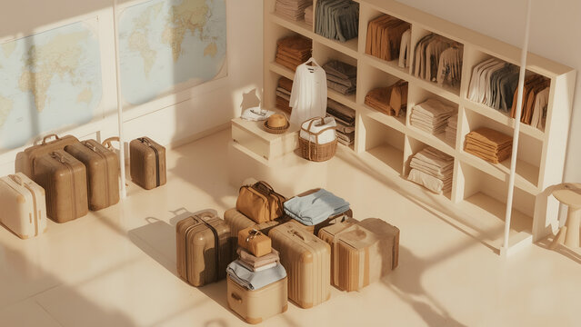 Vintage Luggage and Organized Clothing Display.