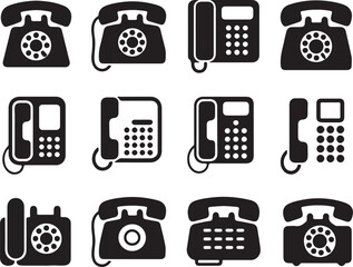 Vintage rotary and modern push button telephone silhouettes communication