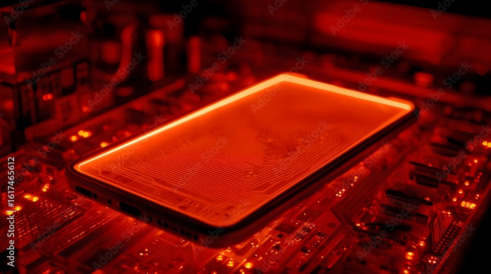 Poster illuminated electronic circuit board with a glowing rectangular device.
