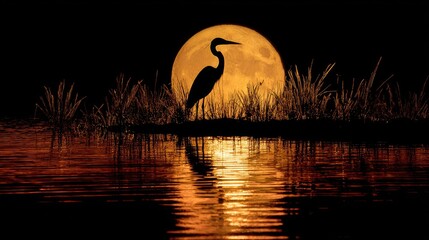 Majestic Heron Silhouette Against Bright Full Moon and Calm Water Reflection in Lush Marshland at Night in Nature's Tranquility