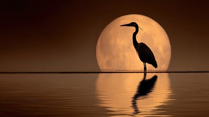 Majestic Great Blue Heron Silhouette Against a Full Moon Over Calm Water at Dusk