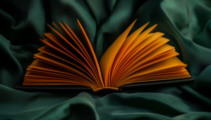 An open black and orange book with folded pages on soft green cloth, close-up studio shot, with detailed textures and vibrant colors.
