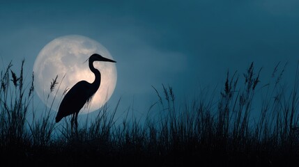 Majestic silhouette of a heron standing in tall grass with a large full moon in the background, creating a serene night scene in nature.