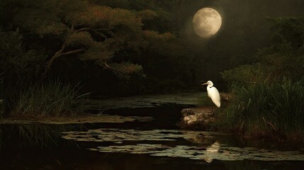 Majestic White Heron Stands by Serene Lake Under Bright Full Moon in Tranquil Moonlit Night Garden Setting with Reflections on Still Water