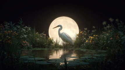 Elegant white heron standing gracefully in serene pond under glowing full moon surrounded by lush foliage and vibrant wildflowers at night