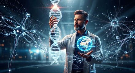 A male scientist in a lab coat examines a glowing DNA strand and a digital globe, surrounded by neuron illustrations.