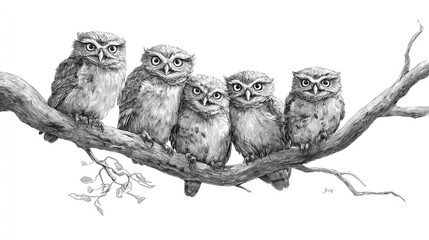 Five Realistic Owls Perched on a Branch, Detailed Illustration of Owls in Black and White with Intricate Features and Textures
