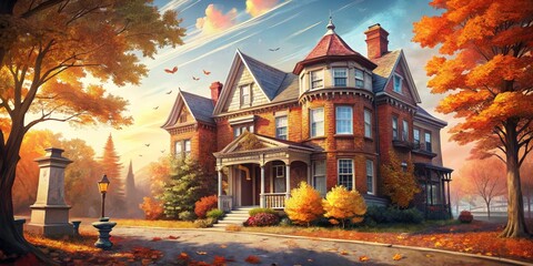 Historic Brick House Facade, Vacant Sign, Autumn Foliage, Architectural Details, Empty Text Space, Real Estate Photography