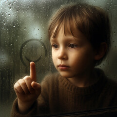 Child Drawing on Fogged Window During Rain – Emotional and Nostalgic Moment