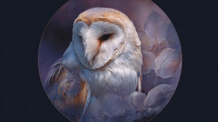 Majestic Barn Owl Perched Among Soft Leaves in a Serene Violet Background Capturing the Grace and Beauty of Nature's Avian Wonders