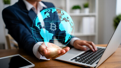 Person holding glowing digital earth with bitcoin symbol over laptop cryptocurrency digital currency