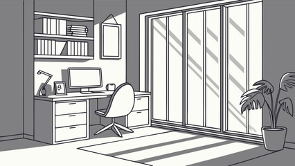 Illustration of a modern home office interior with a desk, computer, bookshelf, chair, and plant, showcasing a minimalist and comfortable workspace