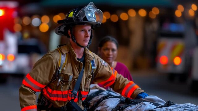 A firefighter wearing a helmet, carefully assists a stretcher carrying an injured person. The person is being helped out of an accident zone, emergency service.