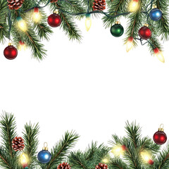 Christmas Fir Branches with Ornaments Lights and Pine Cones Border frame isolated on a transparent background