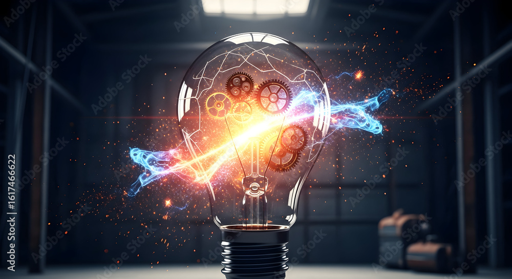 Poster lightbulb with gears and lightning energy representing innovation