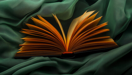 An open black and orange book with folded pages on soft green cloth, close-up studio shot, with detailed textures and vibrant colors.