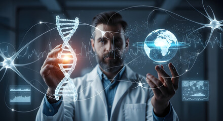 A scientist in a lab coat examines a DNA strand and a globe, surrounded by digital data.