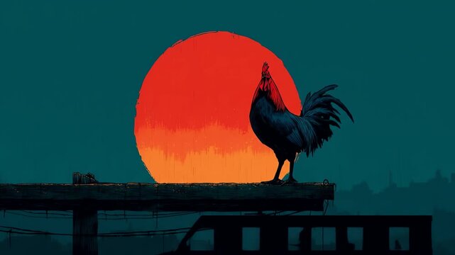 Rooster crows at sunset on rooftop perch