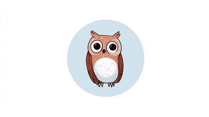 Cute cartoon owl character with big eyes and fluffy feathers in a round blue background, perfect for children's illustrations and educational materials