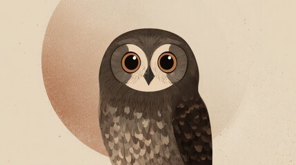 Cute cartoon owl illustration with big eyes on a textured background featuring a warm circular gradient, perfect for nature-themed designs and children's content.