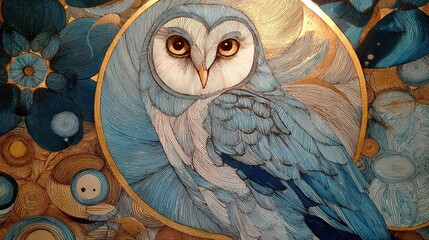 Intricate Artwork of Owl Surrounded by Floral Patterns in Shades of Blue and Gold, Capturing Nature's Beauty and Artistic Craftsmanship in a Stunning Composition