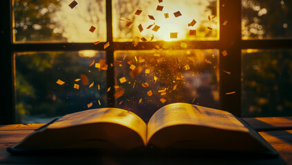 An open book placed on a wooden table next to the window outside at sunset, with the letters floating beautifully, creating a magical and peaceful atmosphere.
