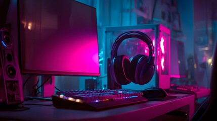 Colorful gaming setup with vibrant lighting.
