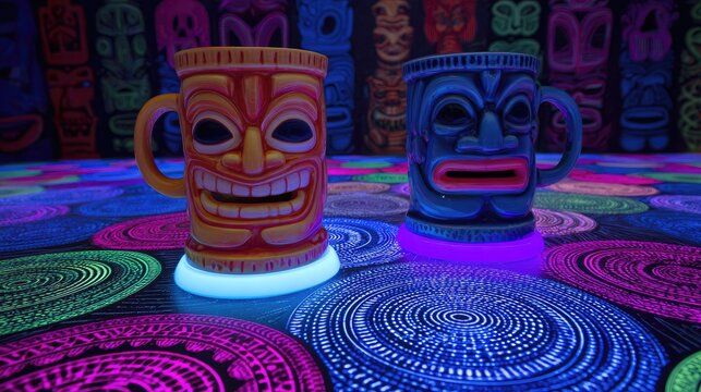 Vibrant Tiki Mugs with Neon Colors Against a Colorful Tiki Background in a Lively and Fun Setting