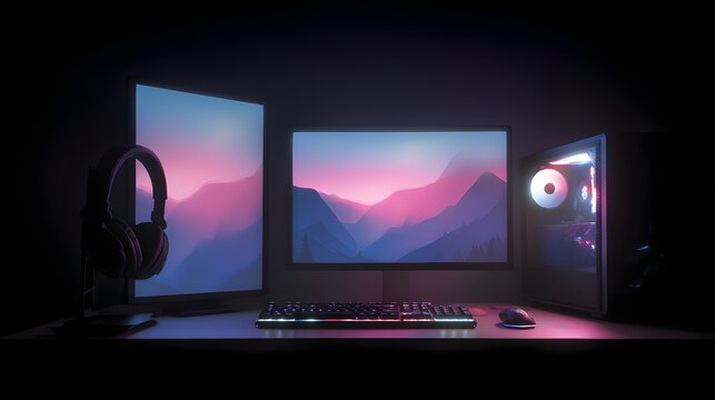 Gaming setup illuminated by vibrant colors.