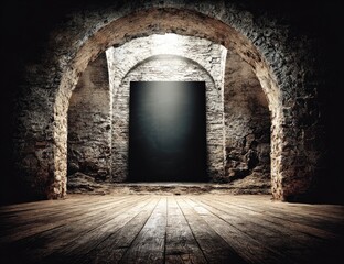 Obraz premium Dark, arched stone cellar with wooden floor and mysterious doorway