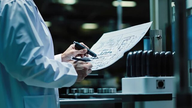 Person in lab coat reviewing blueprints