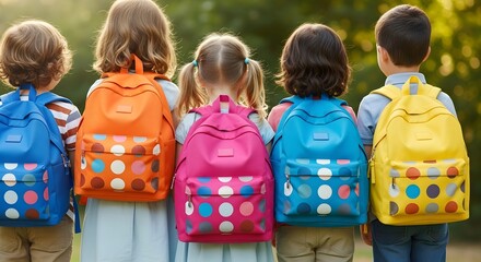 Diverse group of children with colorful backpacks ready for school