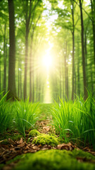 Fototapeta premium Sunlight streams through lush green forest canopy illuminating a mossy path leading into the vibrant woods
