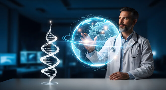 A doctor in a white coat interacts with a holographic DNA helix and a glowing globe, symbolizing scientific advancement and global health research.