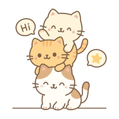 Cute cartoon cats stacked in a playful pose with speech bubbles and kawaii style vector illustration