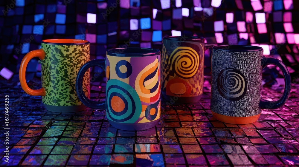 Poster colorful abstract mugs with unique patterns on shiny background of dark tiles reflecting vibrant mul