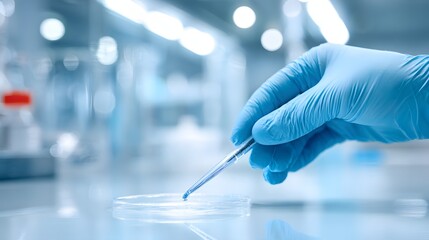 A gloved hand holds a pipette above a petri dish in a laboratory setting.