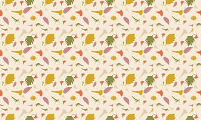 A seamless pattern featuring abstract flowers and leaves in a flat style. It is suitable for backgrounds, textiles, wrapping paper, and various creative projects.