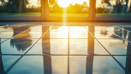 Close-up front view of newly installed glossy ceramic floor tiles, illuminated by warm natural sunlight coming through a nearby window, in a modern interior setting.
