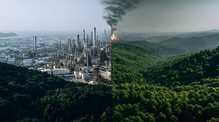 Fototapeta premium A split landscape industry and nature in contrast