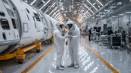 Aerospace engineering team inspecting satellite in cleanroom