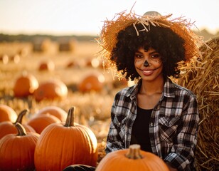 Girl in Scarecrow Makeup Sitting in Pumpkin Patch

