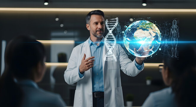 Male scientist in a lab coat presents futuristic holograms of DNA and Earth to colleagues.