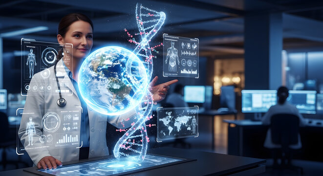 Female doctor interacting with holographic DNA and Earth globe in a futuristic lab.